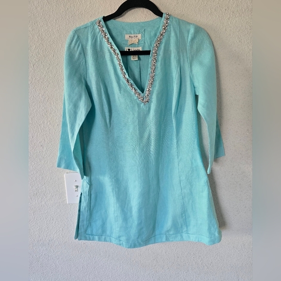 Malvin Embellished Linen Tunic Blouse Women Sz S Blue Side Slit Laggenlook - Picture 2 of 11